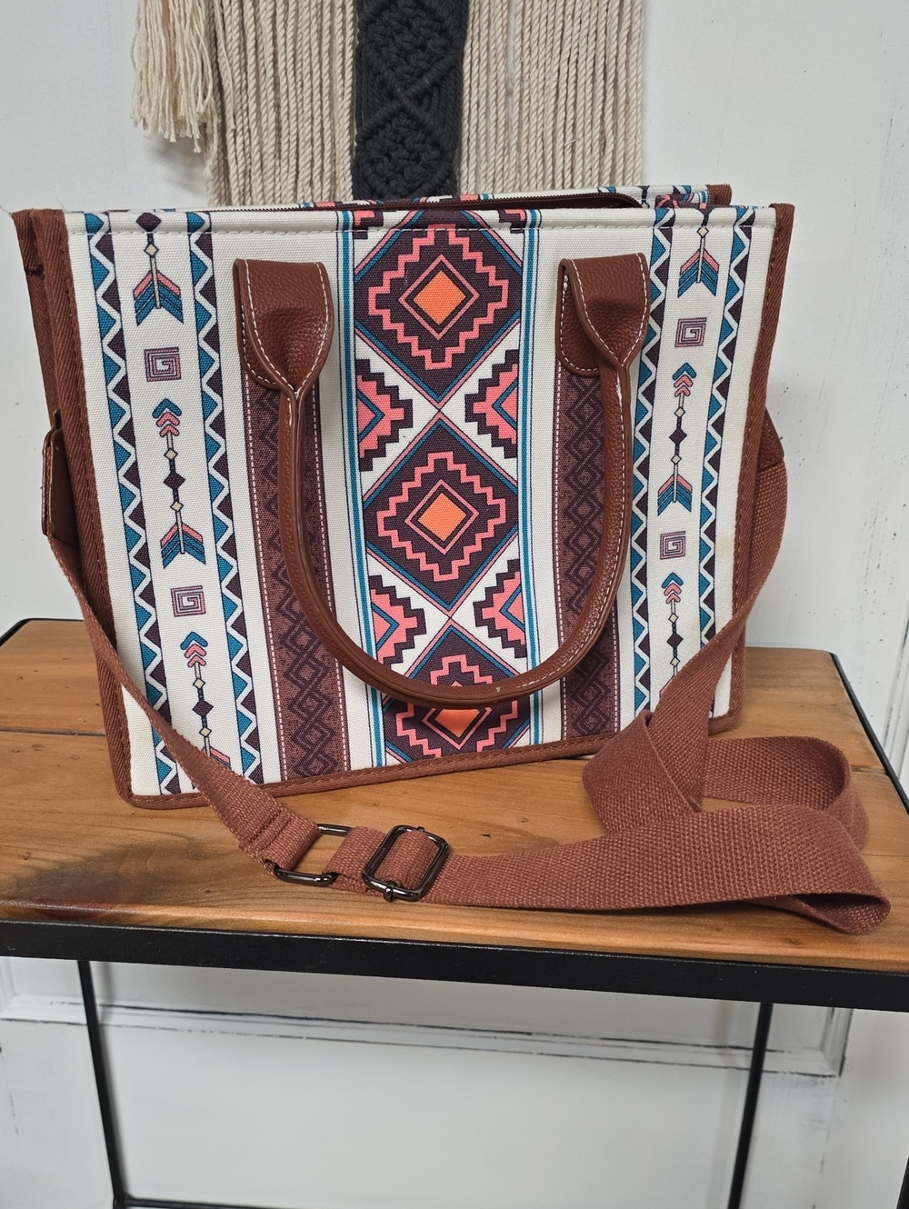 Brown Aztec Print Tote Bag with Adjustable Strap